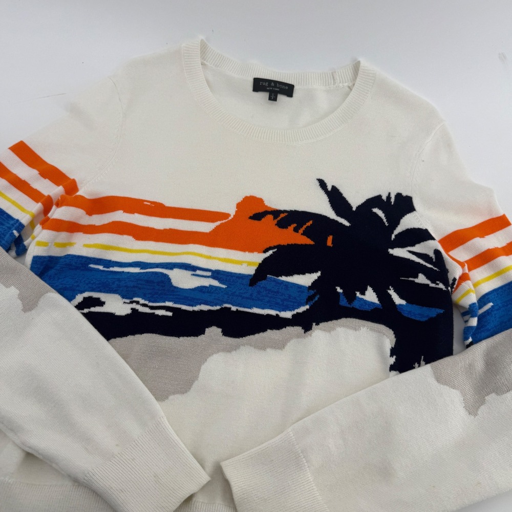 Rag & Bone White Tropical Palm Tree Sunset Intarsia Knit Cotton Sweater Small